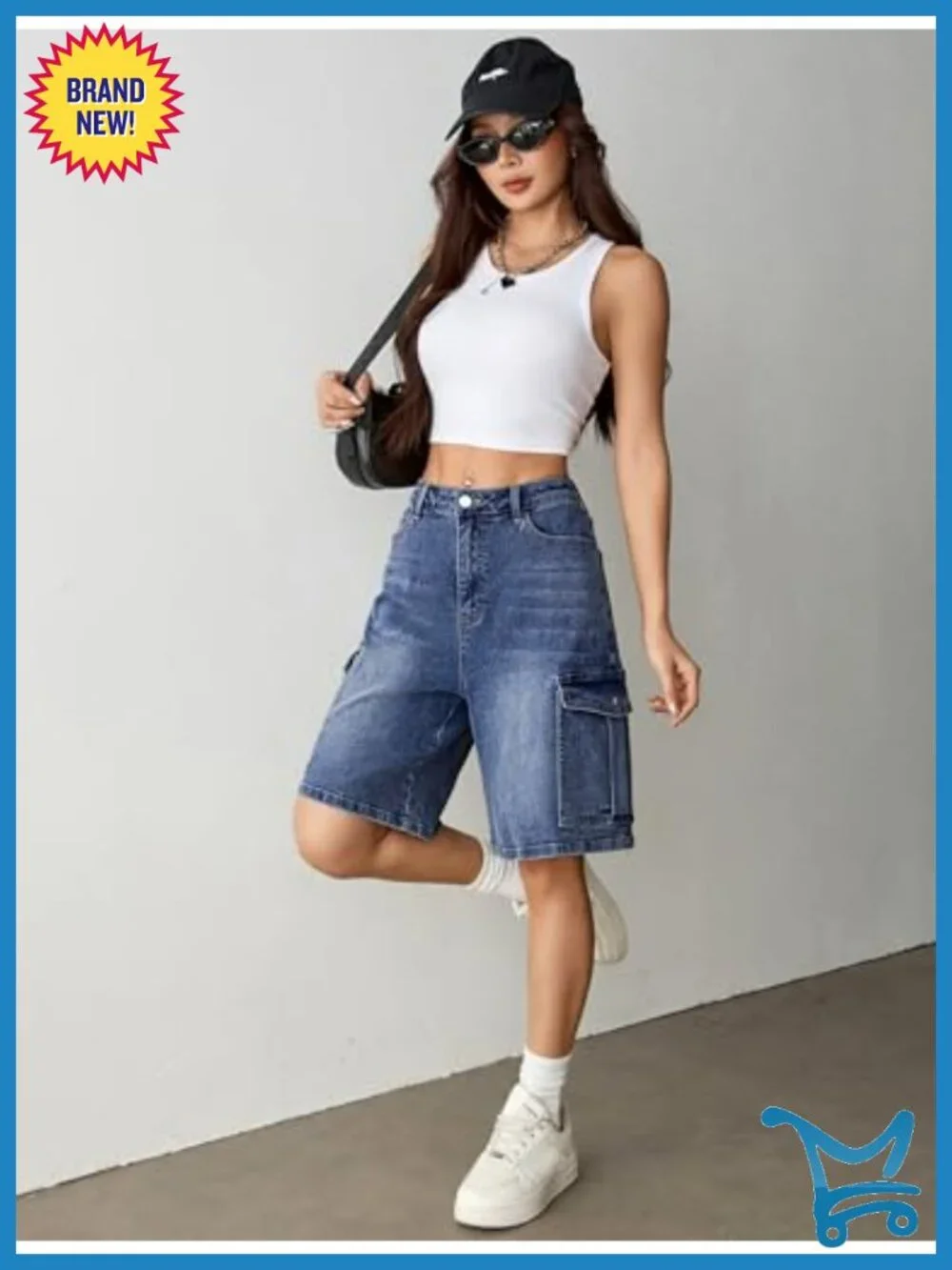 Baggy Bermuda Cargo Jorts Y2K Knee Length Stretchy Denim Jean Shorts with 6